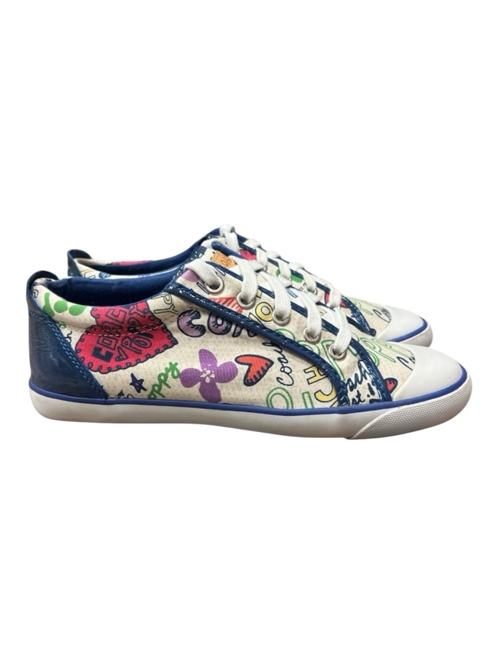 Coach Barrett Poppy Floral canvas sneakers with a blue and white graffiti SZ 8.5